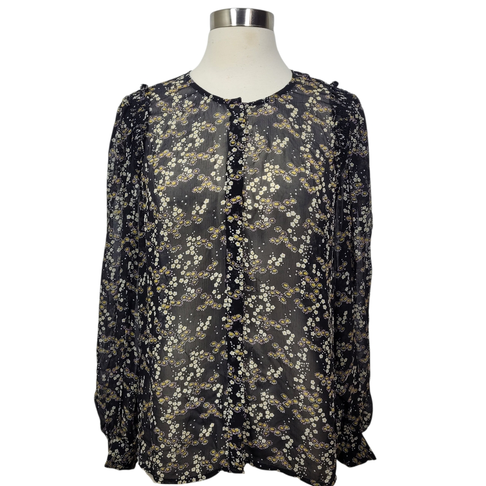 PAIGE Black Yellow Floral Sheer  Long Sleeve Button Up Silk Blouse Size M